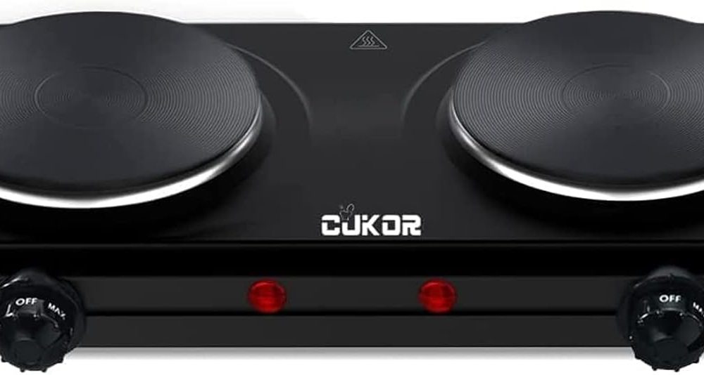 CUKOR Electric Hot Plate, Double Cast Iron 2 Burner, 1800W Countertop Burner, Dual Electric Stove Burners, Portabel Electric Cooktop, Portabel Double Burner for Cooking