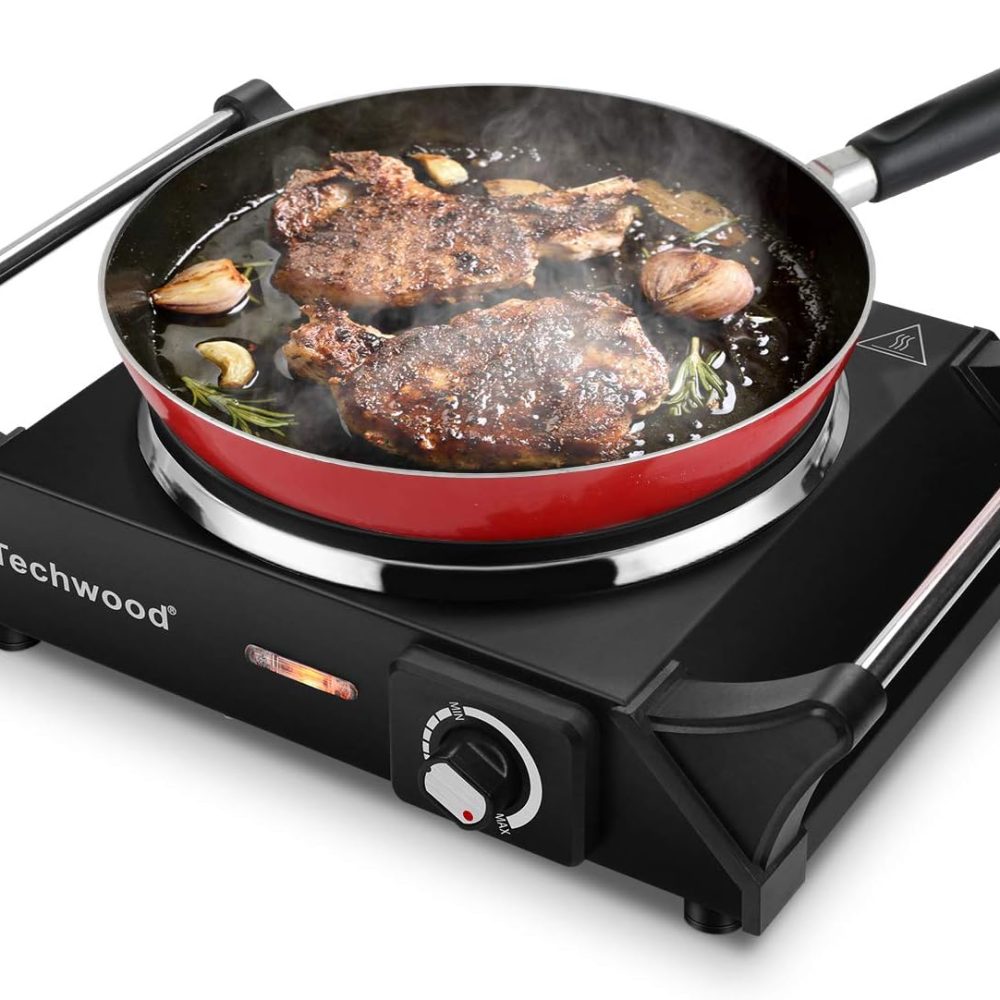 Techwood Hot Plate Portable Electric Stove 1500W Countertop Single Burner with Adjustable Temperature & Stay Cool Handles, 7.5” Cooktop for Dorm Office/Home/Camp, Compatible for All Cookwares