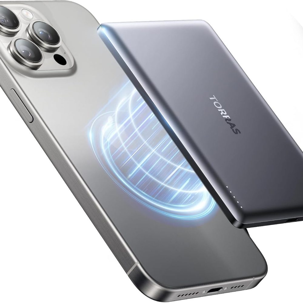 TORRAS MiniMag Power Bank, Ultra Slim 5,000mAh Wireless Portable Charger with USB-C Cable, Fast Charging Magnetic Battery Pack, Magsafe-Compatible for iPhone 16/15/14/13/12, Glacier Gray